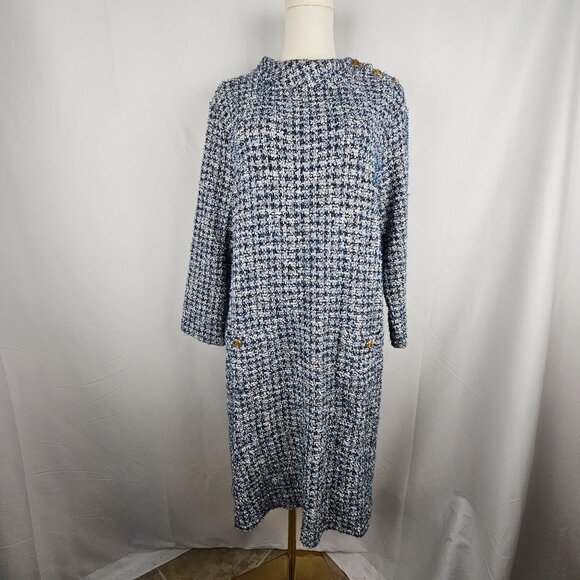 Talbots Button Detail Tweed Shift Dress Size XL Blue/White Mockneck Career - Picture 3 of 12